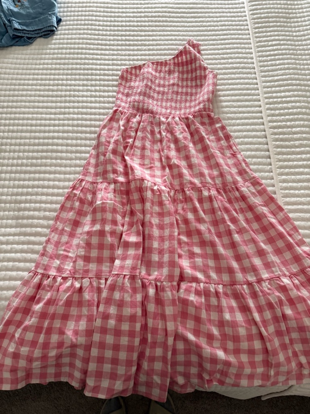Pink Gingham One-Shoulder Tiered Maxi Dress